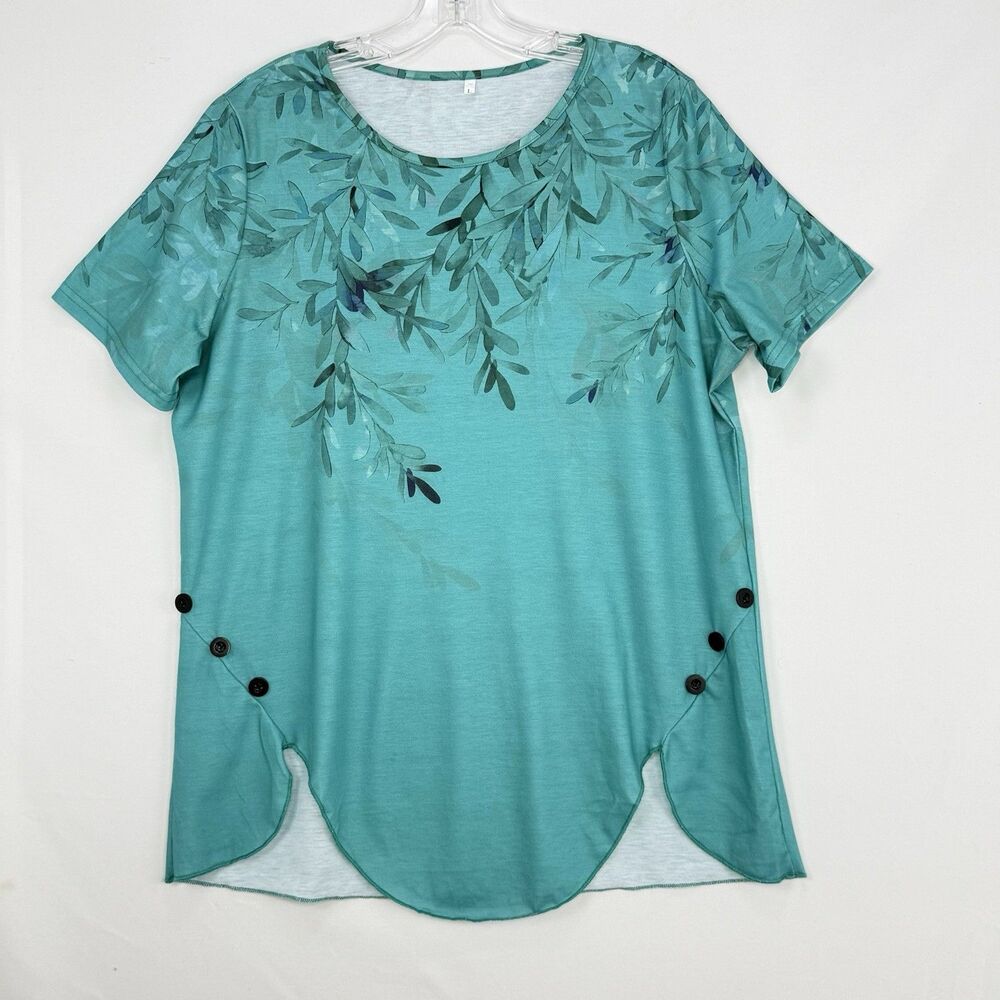 Just Fashion Women’s Large Green Summer Tops Round Neck Side Buttons - Picture 2 of 11